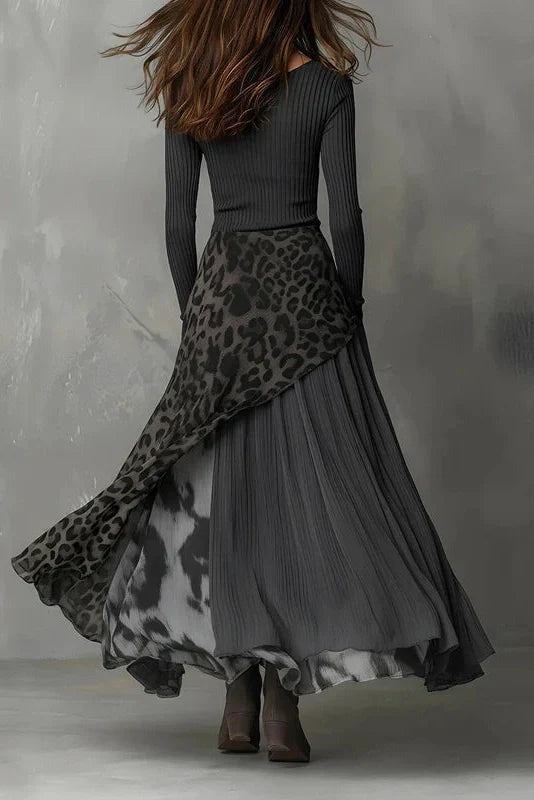 Pleated Knitted O-Neck Printed Long Sleeve High Waist Maxi Dress