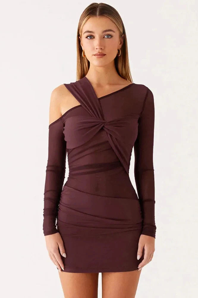 Inclined Shoulder Long Sleeve See Through Backless Mini Dress