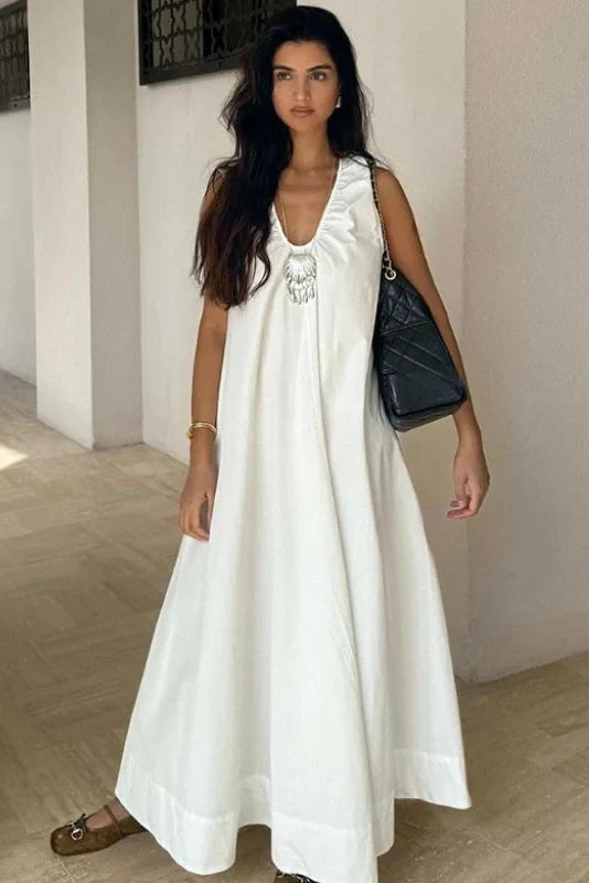 Sleeveless Cotton U-Neck Loose Maxi Dress