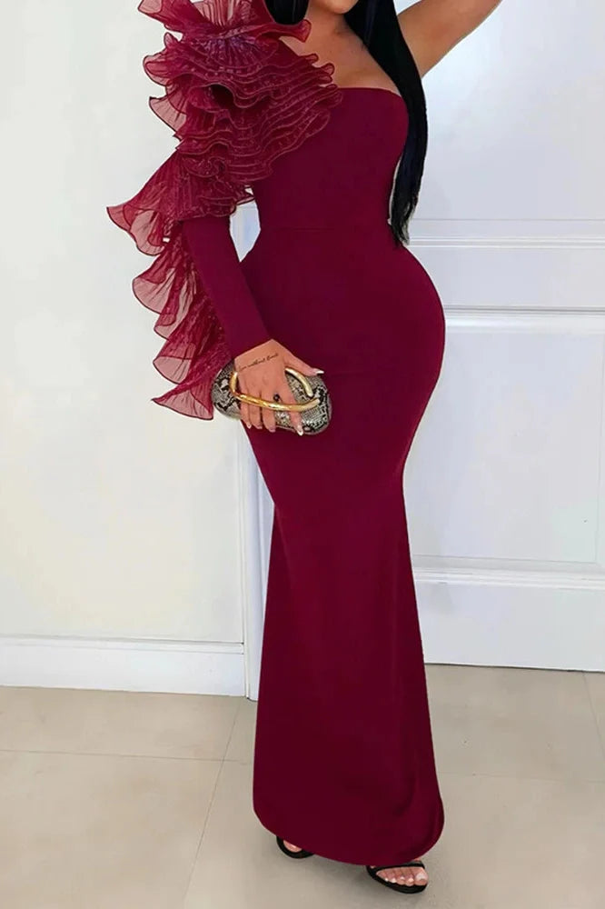 Elegant One-Shoulder Sleeve Slash Collar Slim Pleated Maxi Dress
