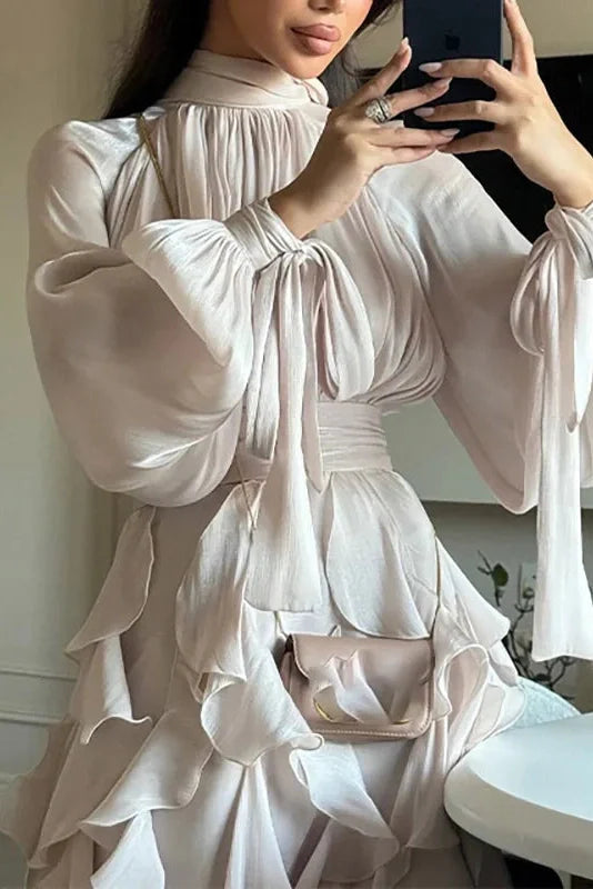 Elegant Pleated High Collar Long Sleeve High Waist Maxi Dress