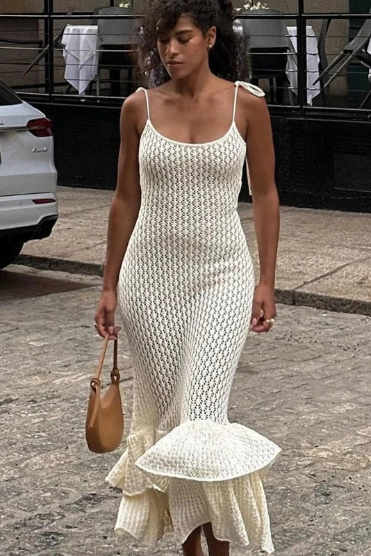 Hollow-Out Knitted Sleeveless Slim Maxi Dress