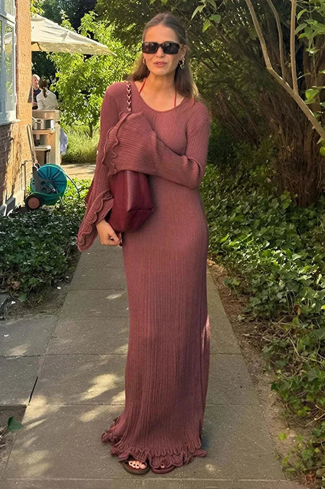 Elegant Pleated Knit Lace-Up Long Sleeve Loose Maxi Dress
