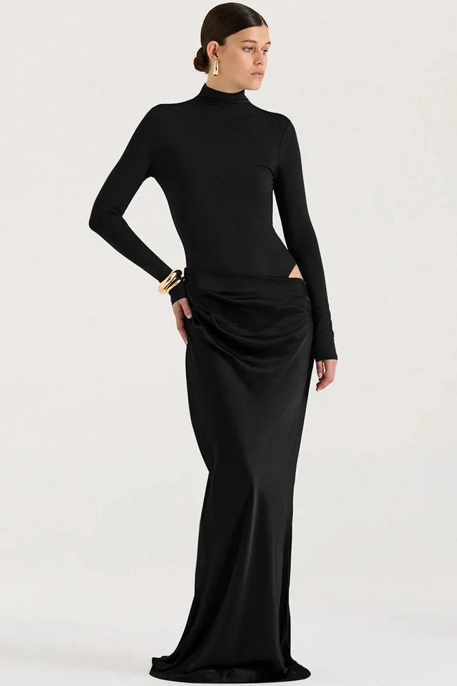 Hollow Out Long Sleeve Turtleneck Bodycon Maxi Dress