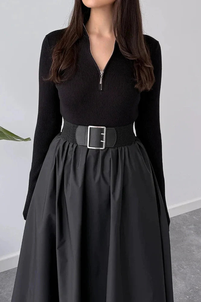 Elegant Zipper Pleated Knitted High Waist Maxi Dress