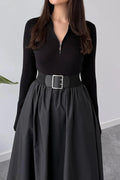 Elegant Zipper Pleated Knitted High Waist Maxi Dress