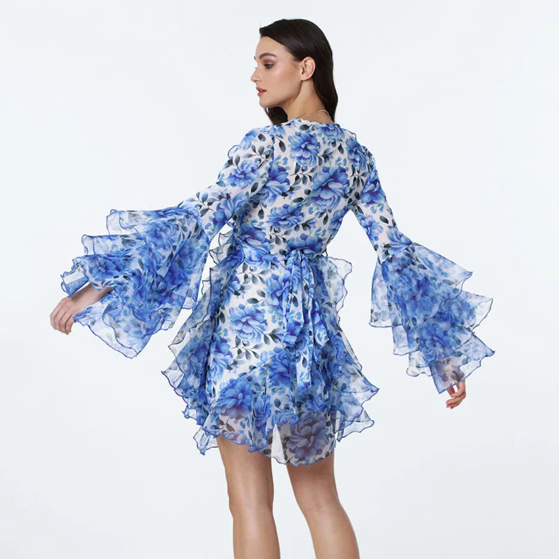 Printed V Neck Slim High Waist Mini Dress