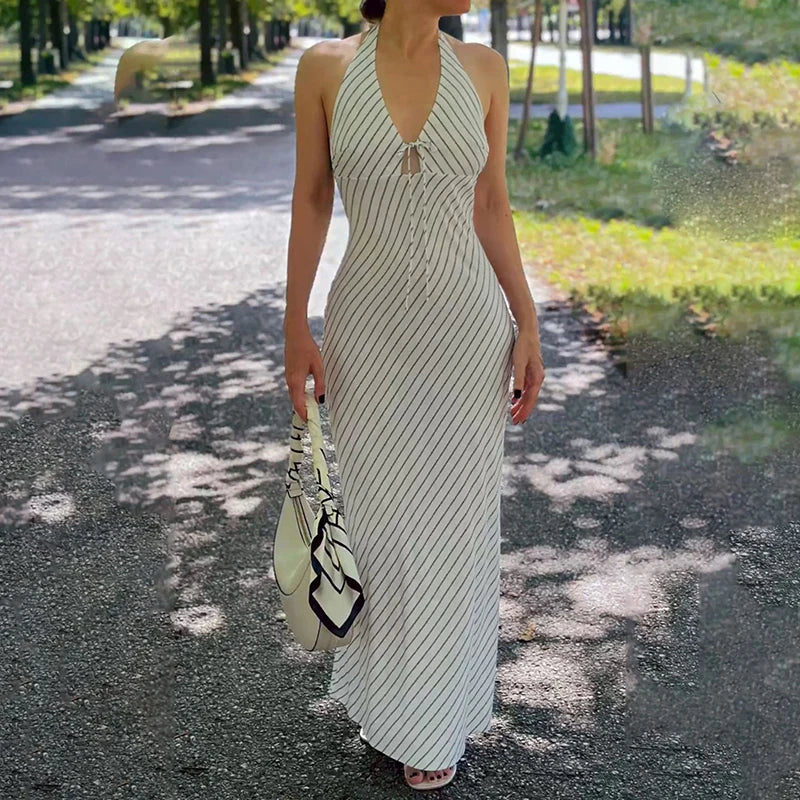 Striped Lace-Up V-Neck Sleeveless Slim Maxi Dress