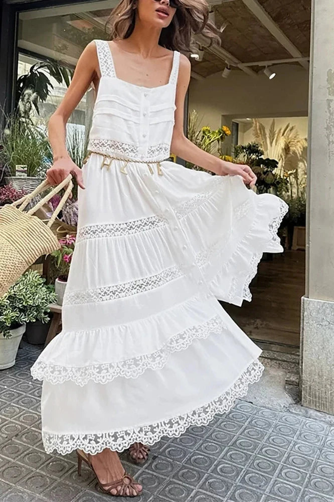 Hollow Out High Waist Lace Sleeveless Pleated Maxi Dress