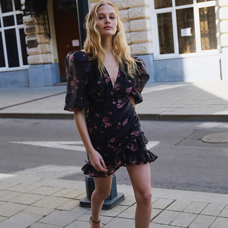 Printed Pleated Short Sleeve Slim Mini Dress