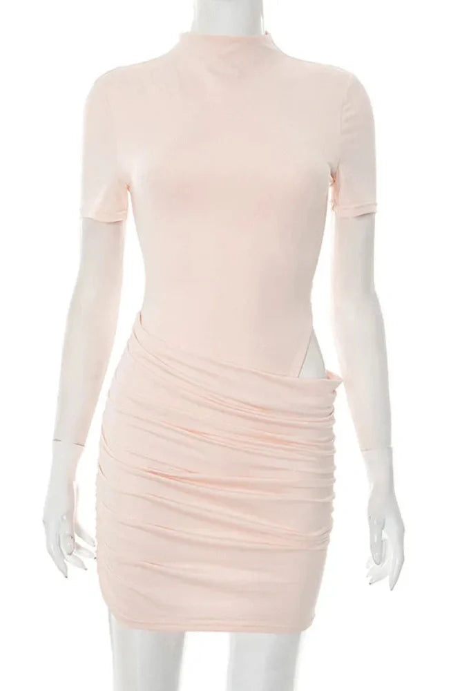 Hollow Out Short Sleeve High Collar Mini Dress