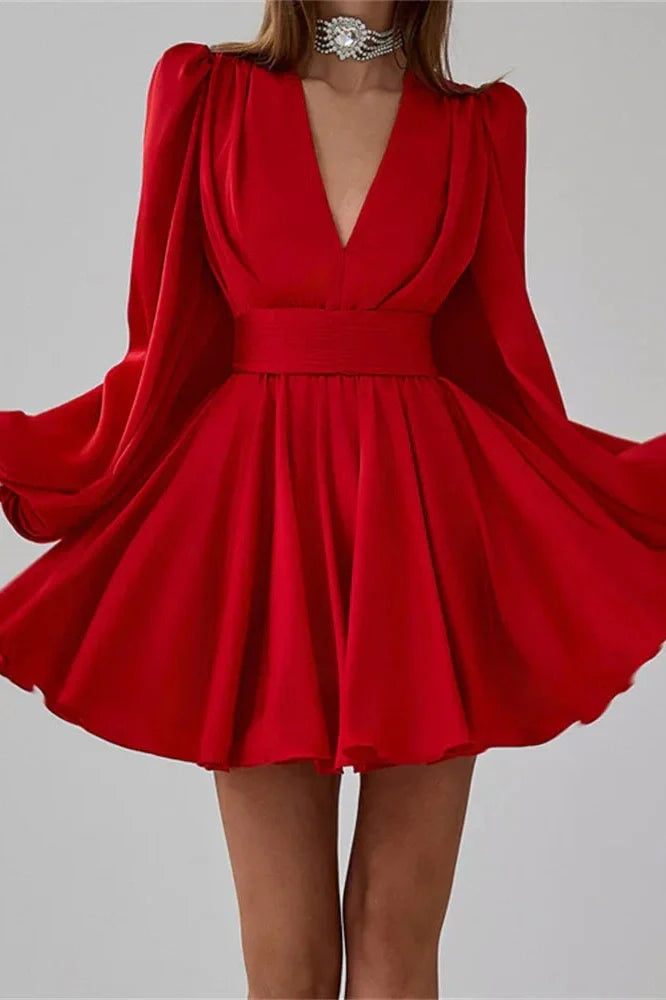 V-Neck High Waist Slim Lace-Up Mini Dress