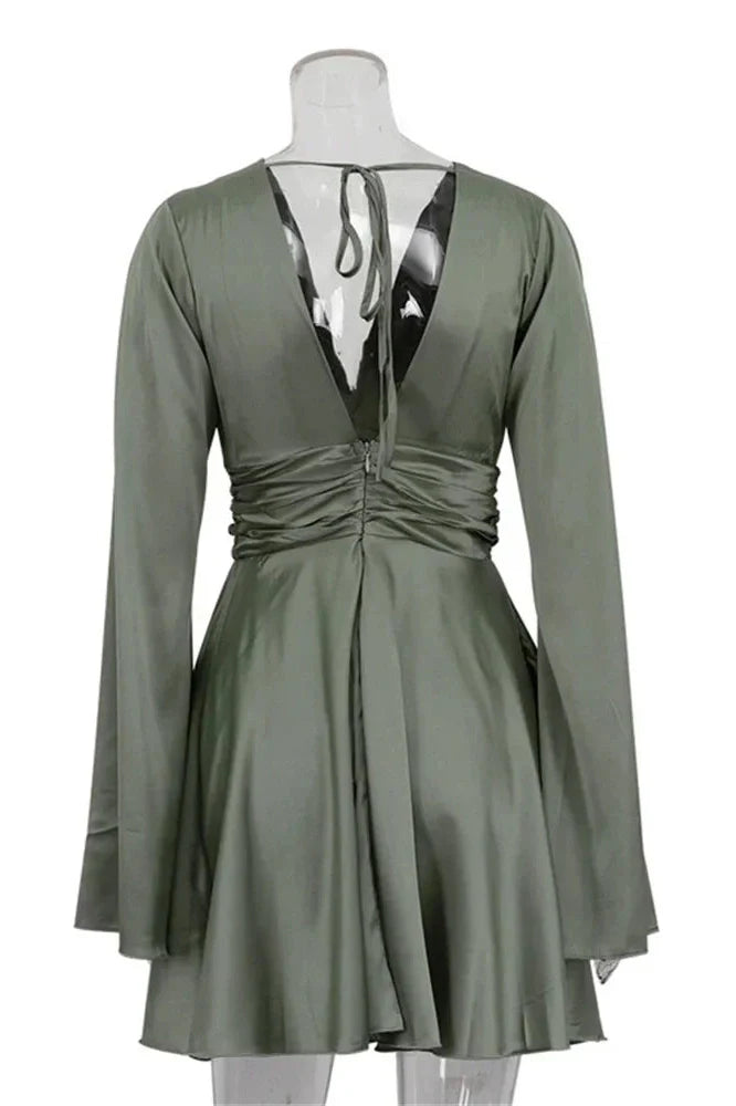 V-Neck Backless Lace-Up Long Sleeve Mini Dress