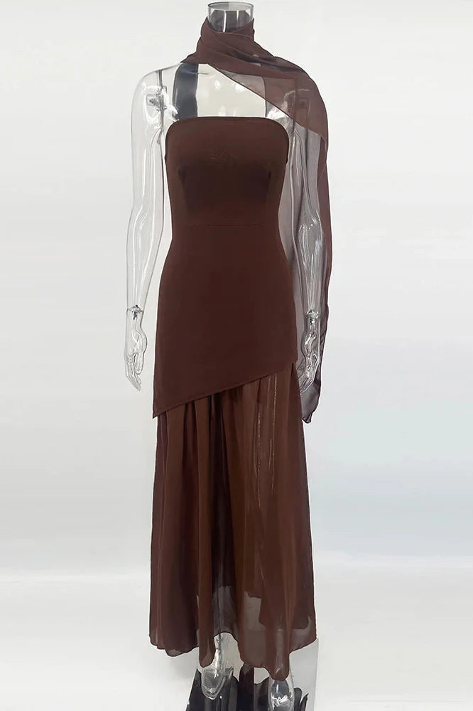 Elegant Strapless Sleeveless Mesh Maxi Dress