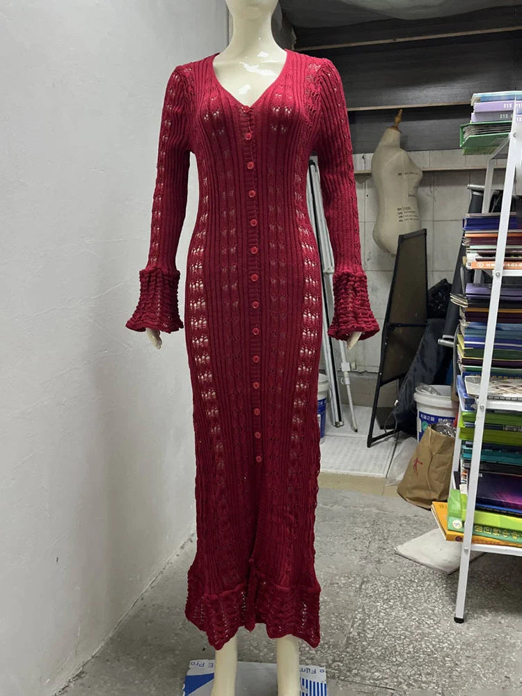 Hollow Knitted Long Sleeve Maxi Dress