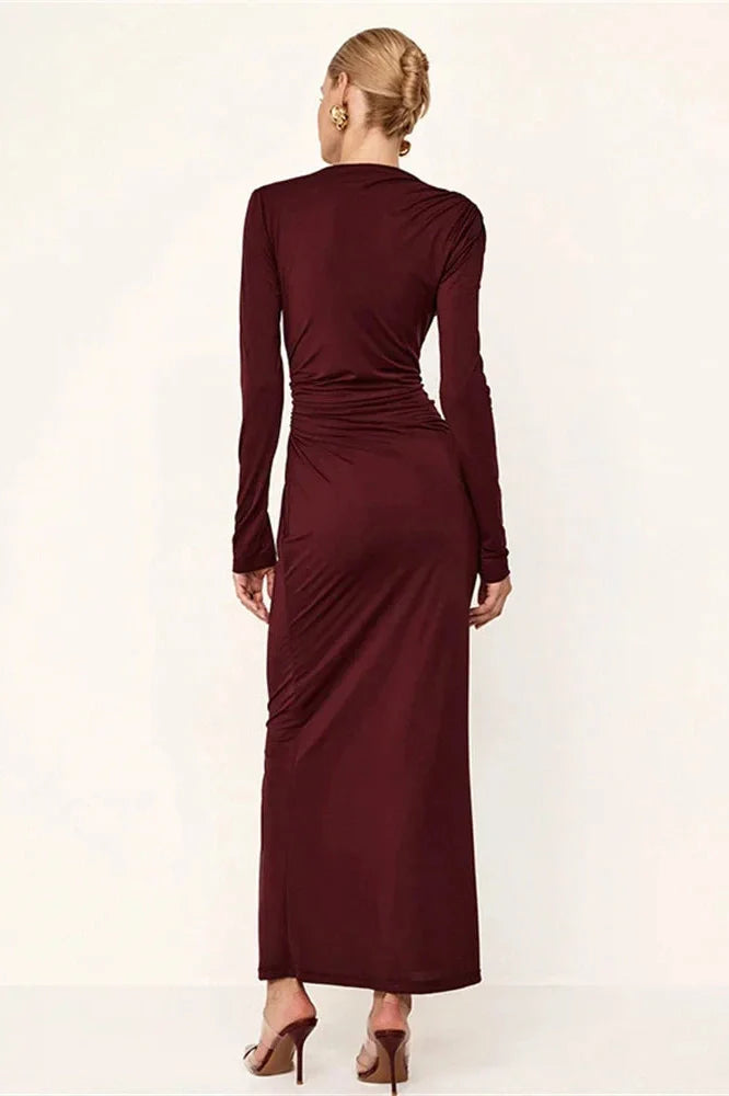 Pleated Slim High Waist Long Sleeve Patchwork Maxi Dress