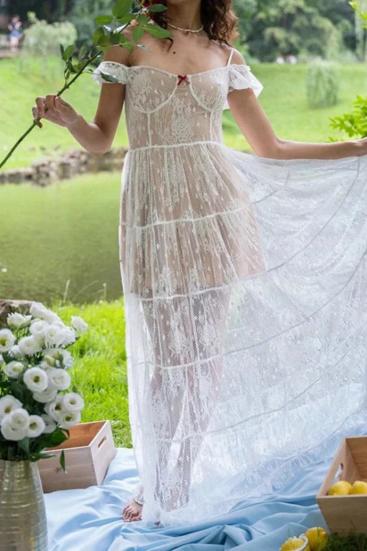 Slash Collar High Waist Pleated Lace Maxi Dress