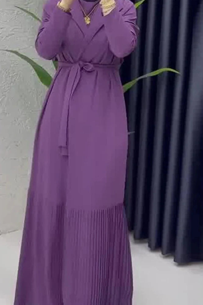 Elegant O-Neck Long Sleeve High Waist Pleated Maxi Dress