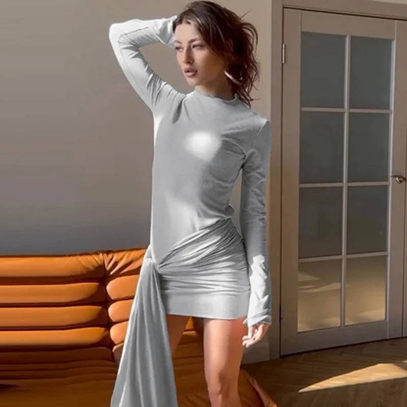 High Neck Lace Up Long Sleeve Mini Dress