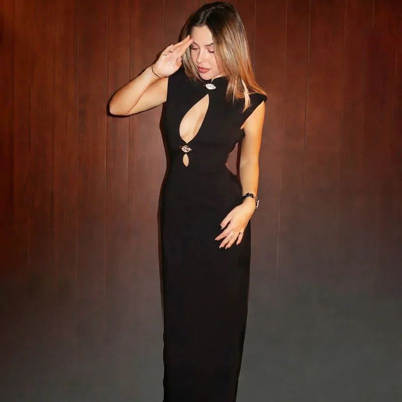 Hollow Out Patchwork Sleeveless Maxi Dress
