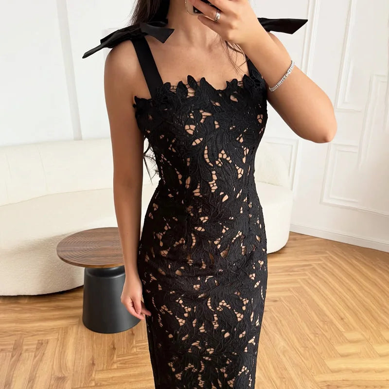 Patchwork Lace-Up Backless Maxi Dress