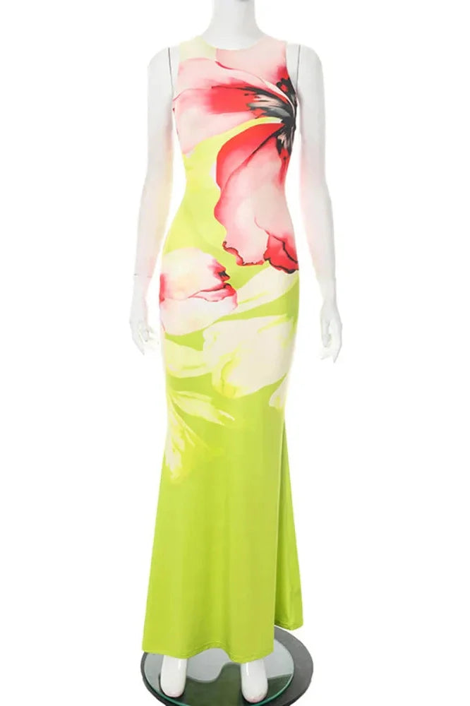 Printed Sleeveless O Neck Bodycon Maxi Dress
