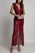 Deep V-Neck High Waist Split Fit Sleeveless Maxi Dress