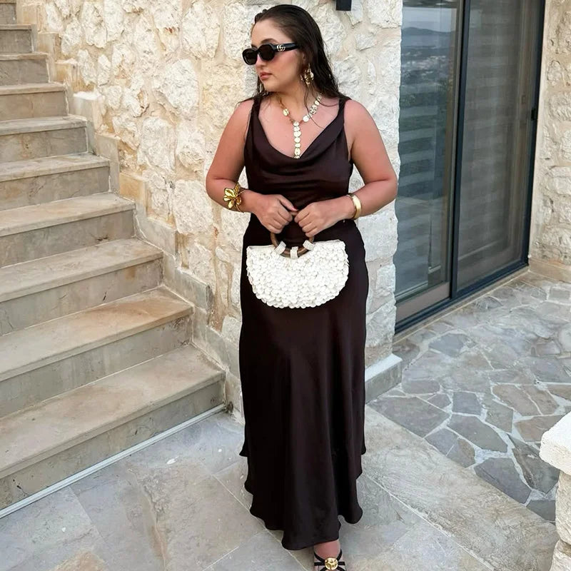 V Neck Lace Up Backless Sleeveless Maxi Dress