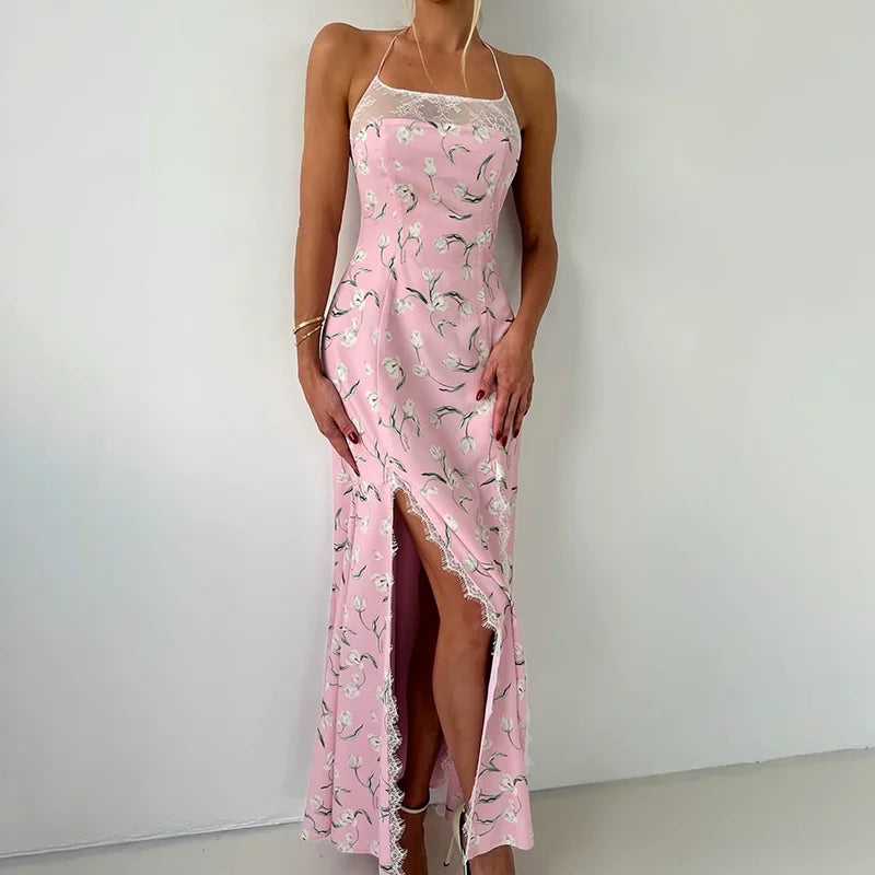 Sleeveless Printed Lace Slit Maxi Dress