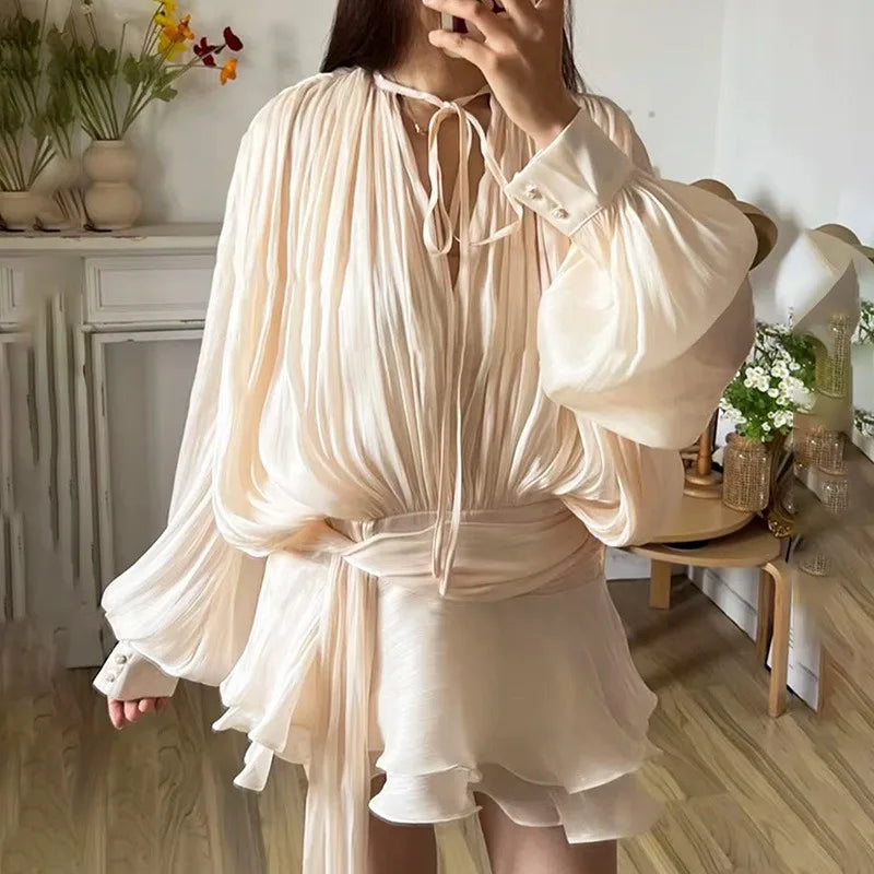 V Neck Patchwork Lace Up Long Sleeve Mini Dress