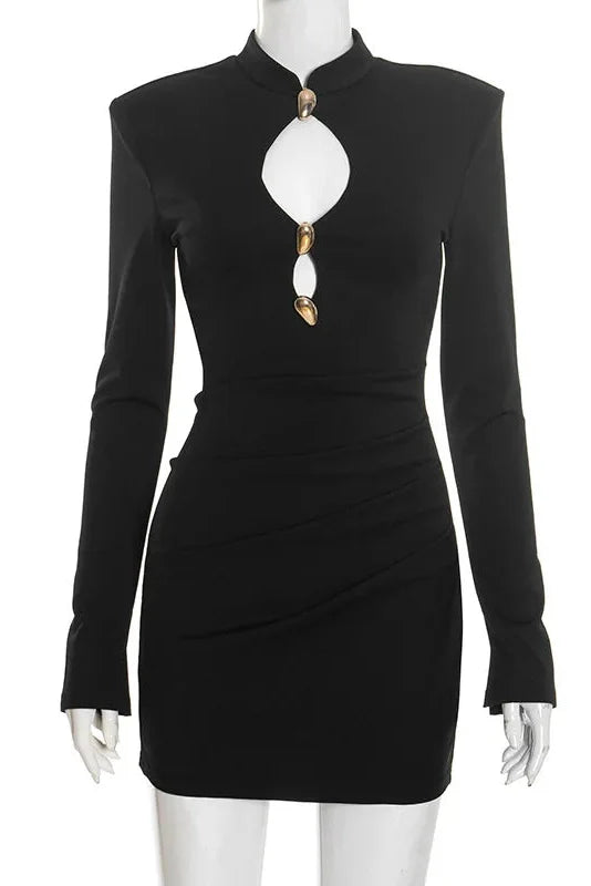 Hollow Out Long-Sleeved High-Waisted Patchwork Mini Dress