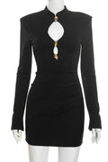 Hollow Out Long-Sleeved High-Waisted Patchwork Mini Dress