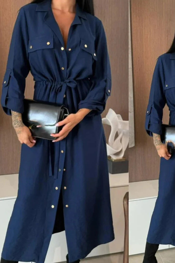 Elegant Single Breasted Lace Up High Waist Midi Dress
