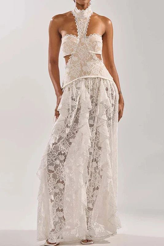 Lace Hollow Out Sleeveless High Waist Pleated Maxi Dress