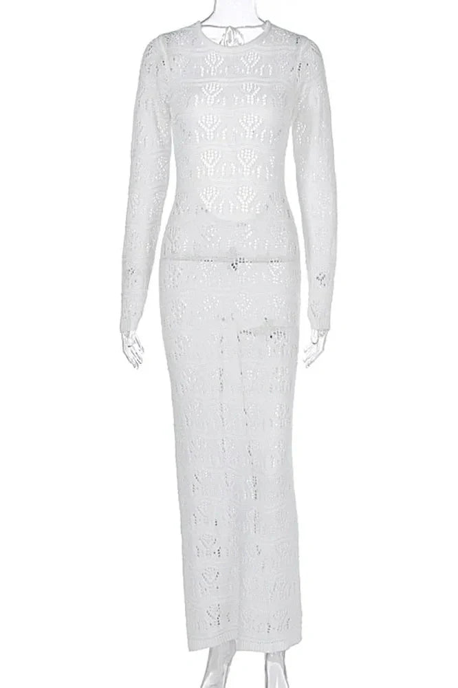 Hollow Out Lace Up Backless Knitted Slim Long Sleeve Maxi Dress