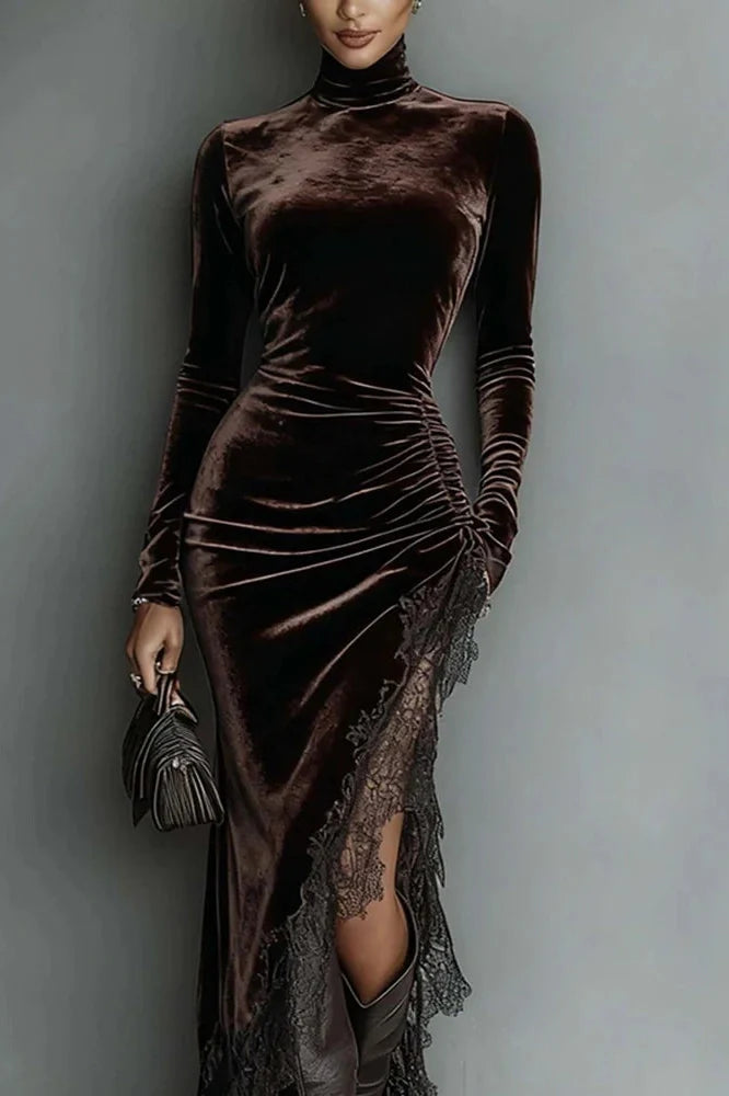 Elegant Turtleneck Long Sleeve Velvet Lace Fit Midi Dress