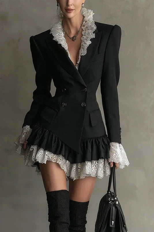 Long Sleeve High Waist A-Line Pleated V-Neck Lace Mini Dress