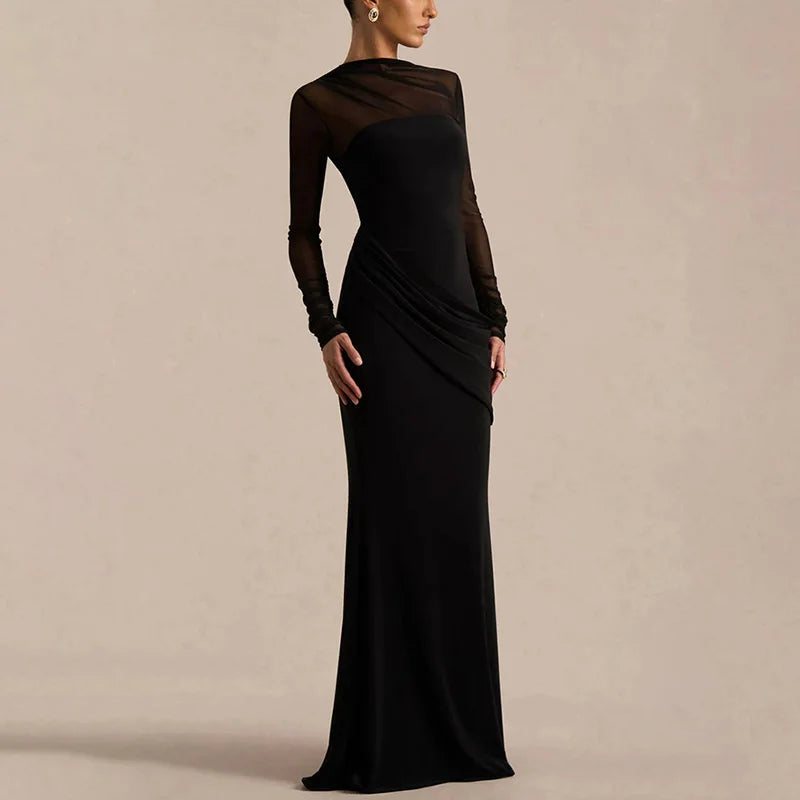 Elegant See Through Hollow Out Patchwork Maxi Dress