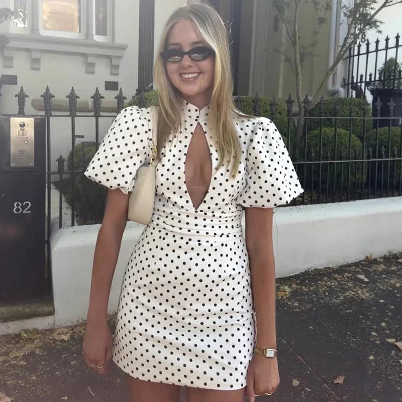 Hollow Polka Dot Short Sleeve High Waist Mini Dress