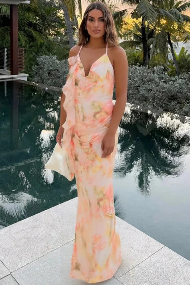 Printed Sleeveless Backless Maxi Dress