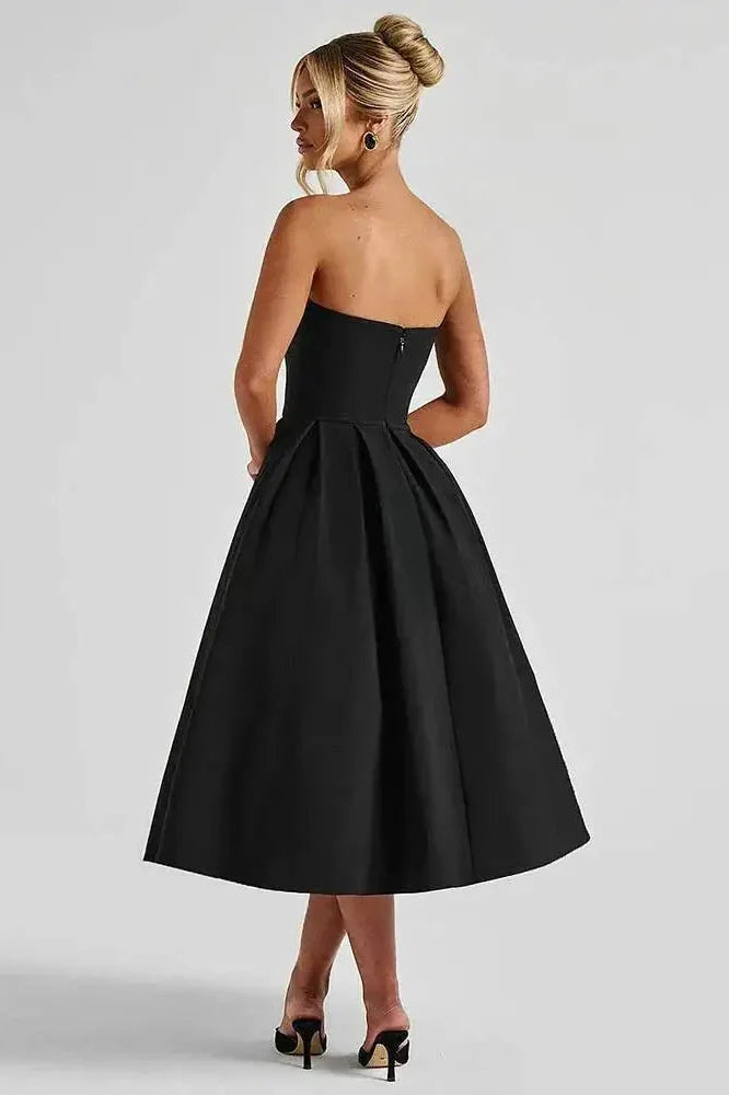 Off-Shoulder Strapless Sleeveless Backless High Waist A-Line Midi Dress