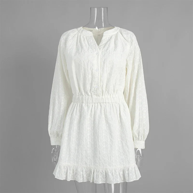 O Neck Long Sleeve Pleated A-line Mini Dress