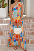 Slash Collar One-Shoulder High Waist Pleated Loose A-Line Maxi Dress