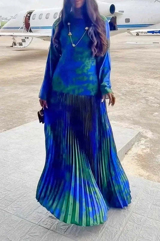 Long Sleeve High Waist Printed O-Neck Maxi Dress