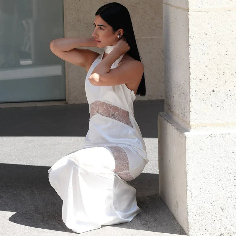 Lace Deep V Neck Backless Slim Maxi Dress