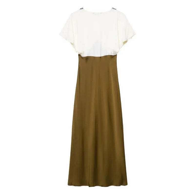 V Neck Lace Patchwork Half Sleeve A-Line Maxi Dress