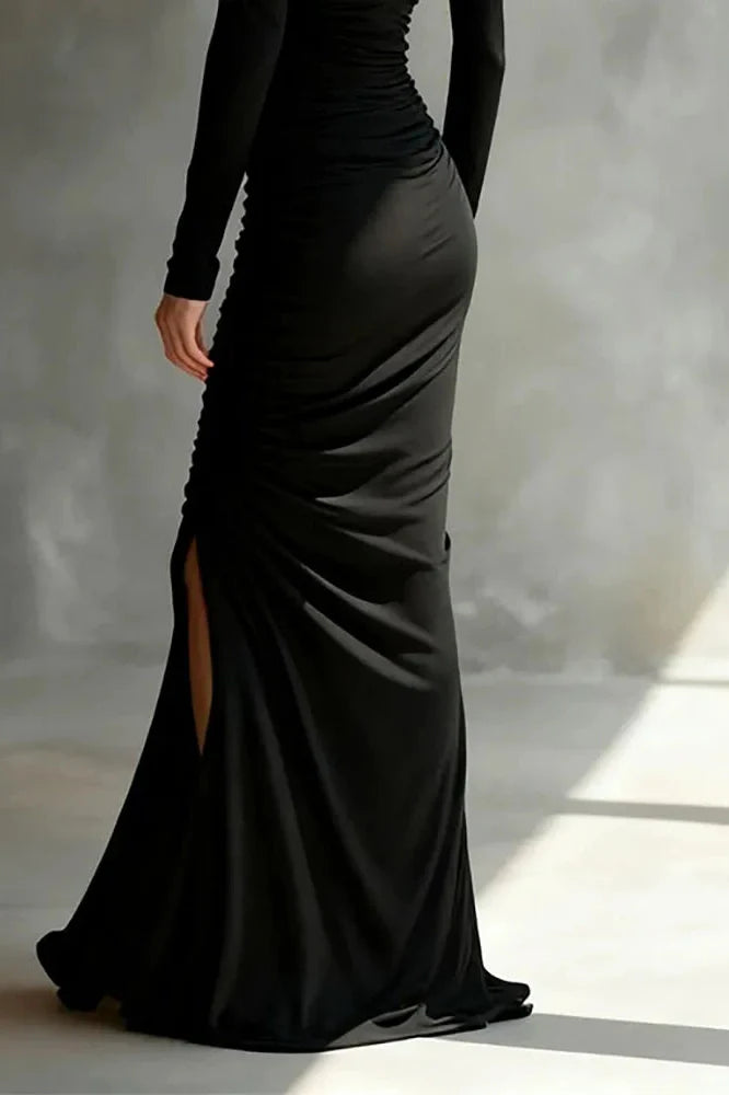 Elegant High Waist Split Long Sleeve Slash Collar Maxi Dress