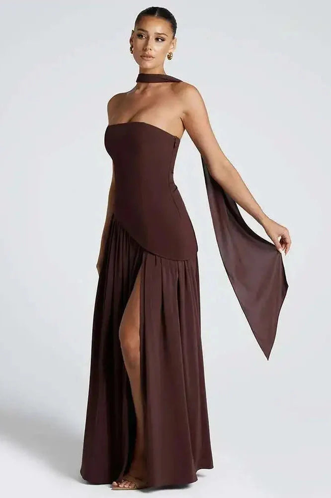 Strapless Off-Shoulder Patchwork Scarf Collar High Split Maxi Dress