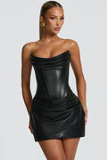 PU Leather Off-Shoulder Strapless Sleeveless Lace-up Mini Dress