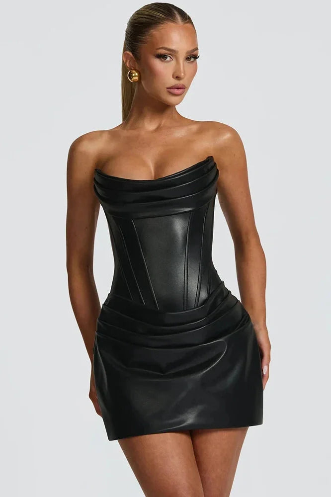 PU Leather Off-Shoulder Strapless Sleeveless Lace-up Mini Dress